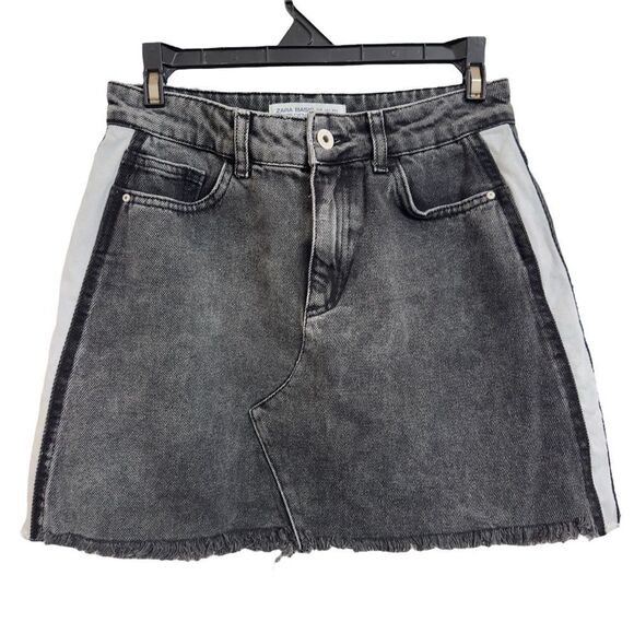 ZARA SIDE STRIPE A LINE DENIM FRINGE MINI SKIRT SMALL - Picture 1 of 11